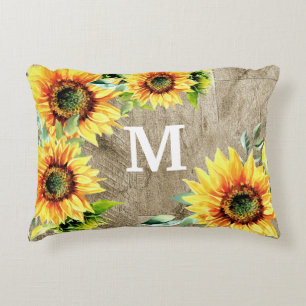 Coussins Décoratifs Bois Rustique Jaune Tournesols Monogramme Initiale
