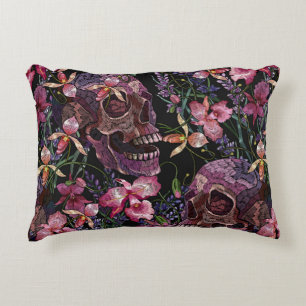 Coussins Décoratifs Broderie crâne humain et fleurs d'orchidées roses