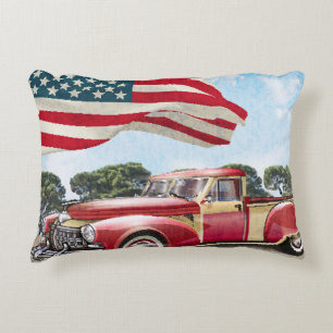 Coussins Décoratifs Camion de ramassage rouge : Drapeau américain Vint