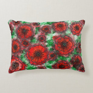 Coussins Décoratifs Champ de Coquelicots Aquarelle Ligne d'Art Botaniq