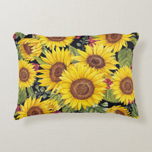 Coussins Décoratifs Champ de tournesol : aquarelle noir arrière - plan