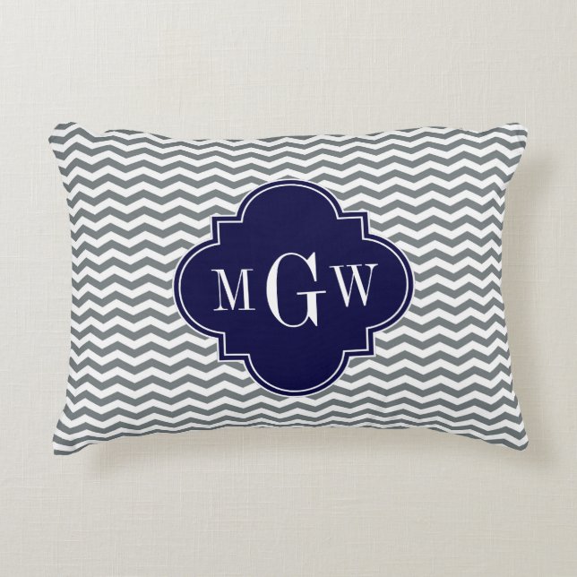 Coussins Décoratifs Charcoal Thin Chevron Navy Quatrefoil 3 Monogramme (Devant)