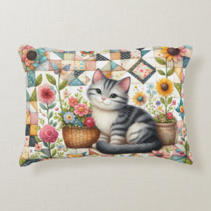 Coussins Décoratifs Chat Mignon sur Courtepoint Floral Cottagecore
