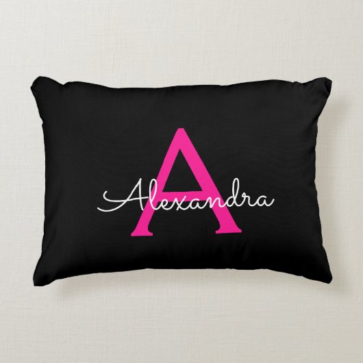 Coussins Décoratifs Chaud rose noir Script Girl Nom du monogramme (Devant)