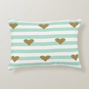 Coussins Décoratifs Chic Faux Gold Glittery Hearts Mint Green Stripes