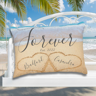 Coussins Décoratifs Chic Poussiéreux Bleu Plage Couple Cœurs Sable