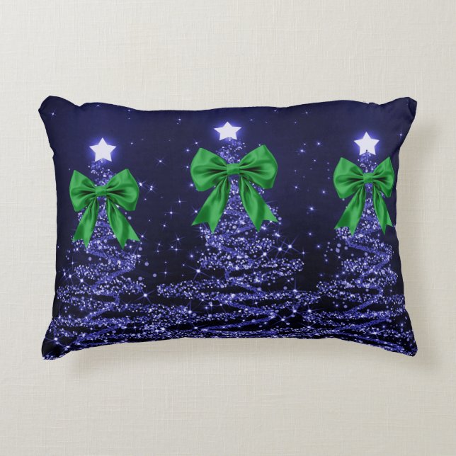 Coussins Décoratifs Christmas Sparkling Trees Navy Blue Green Bow  (Devant)