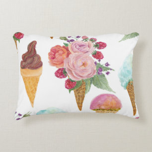 Coussins Décoratifs Crème glacée, framboises : motif aquarelle.