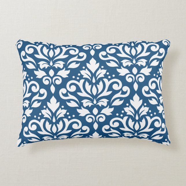 Coussins Décoratifs Défiler Damask Lg Ptn Blanc sur Dk Blue (Devant)