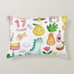 Coussins Décoratifs Doodles d'aquarelle Kawaii, autocollant prêt.
