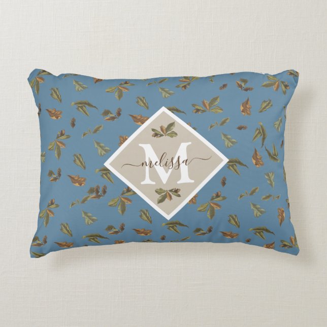 Coussins Décoratifs Dusty Blue Rustic Feuilles Brown Monogramme (Devant)