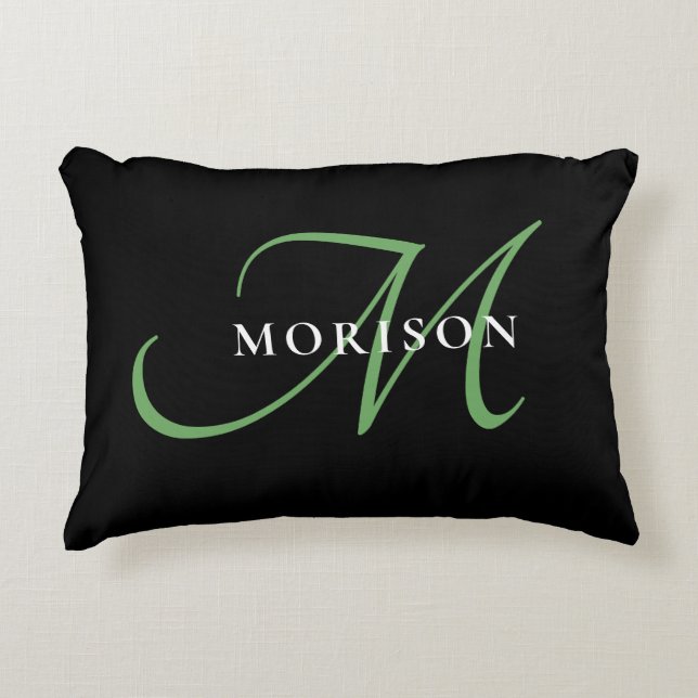 Coussins Décoratifs Élégant Monogramme moderne noir vert Script (Devant)