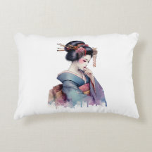 Elegant Watercolor Geisha in Soft Teal and Plum