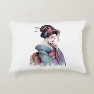Coussins Décoratifs Elegant Watercolor Geisha in Soft Teal and Plum