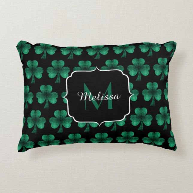 Coussins Décoratifs Emerald Green Sparkle Shamrock noir Monogramme (Devant)