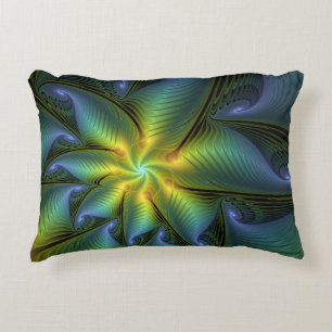 Coussins Décoratifs Etoile Abstraite, Bleu brillant Vert Or Fractal Ar