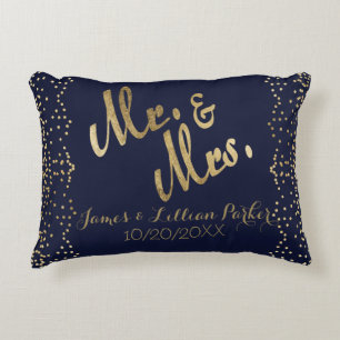 Coussins Décoratifs Faux Gold Navy Blue M. et Mme Monogram Mariage