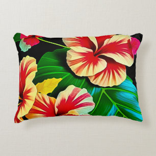 Coussins Décoratifs Feuilles tropicales colorées et fleurs d'Hibiscus