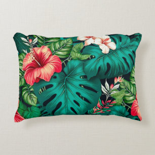 Coussins Décoratifs Feuilles Tropicales Élégantes et Fleurs d'Hibiscus