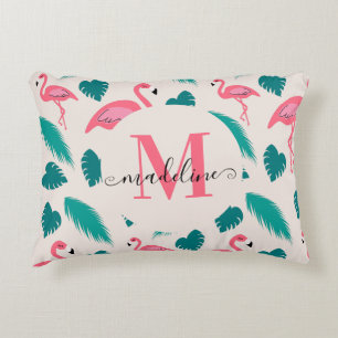 Coussins Décoratifs Feuilles Tropicales Flamant Rose Chaud Monogramme 
