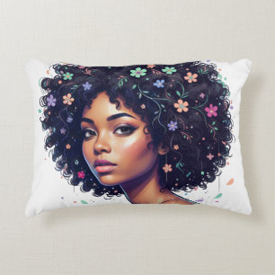 Coussins Décoratifs Fille noire fantaisiste avec afro orné de fleurs