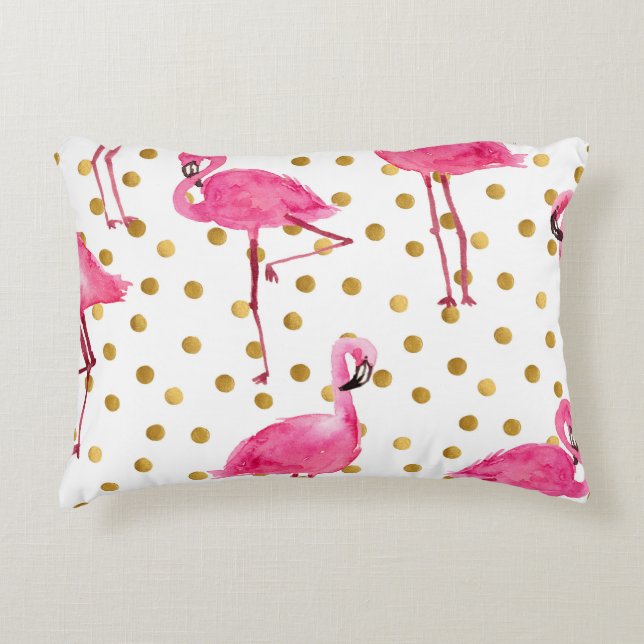Coussins Décoratifs Flamants roses, points dorés, aquarelle. (Devant)