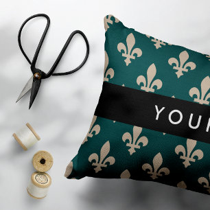 Coussins Décoratifs Fleur de Lis, Beige sur Vert, Royal, Votre Nom