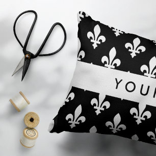 Coussins Décoratifs Fleur de Lis, Blanc sur Noir, Blanc, Votre Nom
