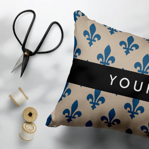 Coussins Décoratifs Fleur de Lis, Bleu Marine sur Beige, Royal, Votre