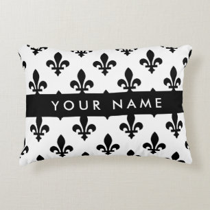Coussins Décoratifs Fleur de Lis, Noir sur Blanc, Noir, Votre Nom