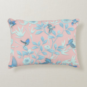 Coussins Décoratifs fleurs bleues et oiseau, couleur rose clair Arrièr