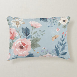 Coussins Décoratifs Fleurs de jardin aquarelle bleu poussiéreux roses