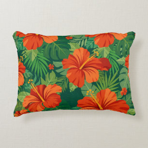 Coussins Décoratifs Fleurs d'Hibiscus Rouge Orange Vert Feuillage de l
