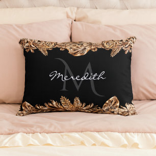Coussins Décoratifs Fleurs d'or de luxe Elégant Chic Classy Noir
