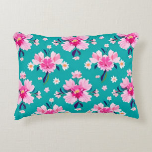Coussins Décoratifs Fleurs roses et feuilles sur fond sarcelle