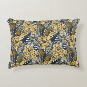 Coussins Décoratifs Fleurs tropicales noires et or élégantes de luxe