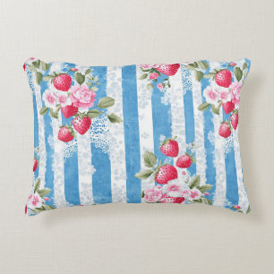 Coussins Décoratifs Fraises vintages et fleurs sur bandes bleues