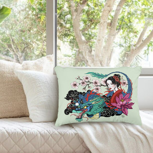 Coussins Décoratifs Géisha Asiatique Dragon Fleurs de Cerisier Bleu