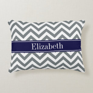 Coussins Décoratifs Gris Charbon Lg Chevron Bleu Marine Monogramme Nom