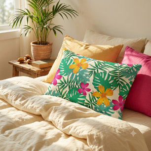Coussins Décoratifs Hibiscus tropical et feuilles de palmier. Été côti