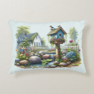 Coussins Décoratifs Jardin de maisonnette à l'aquarelle avec nichoir à