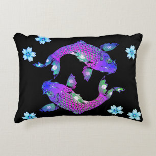 Coussins Décoratifs Koi poisson oriental yin yang noir violet fleuri