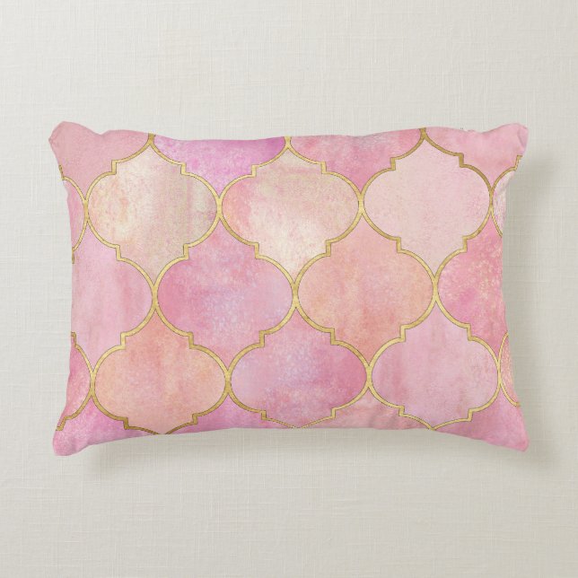 Coussins Décoratifs Ligne d'or marocaine : Aquarelle rose (Devant)