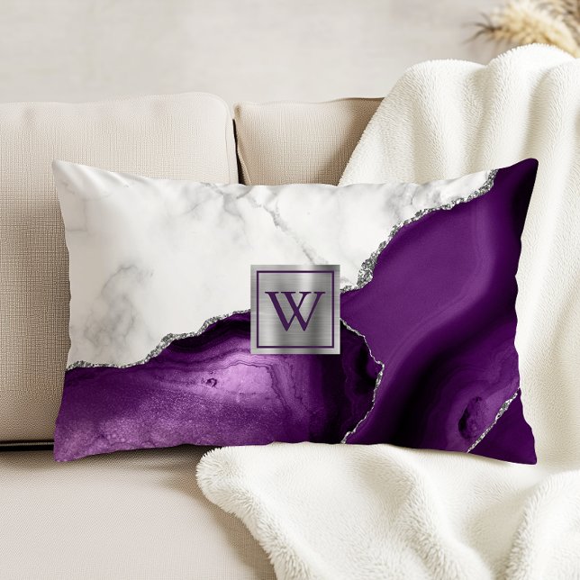 Coussins Décoratifs Marbre Blanc Agate Violette Monogramme Argent (Créateur téléchargé)