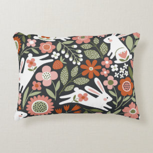 Coussins Décoratifs Mignons lapins blancs, motif vintage fleuri.