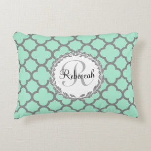 Coussins Décoratifs Mint Green Grey Quatrefoil Nom Monogramme Laurel