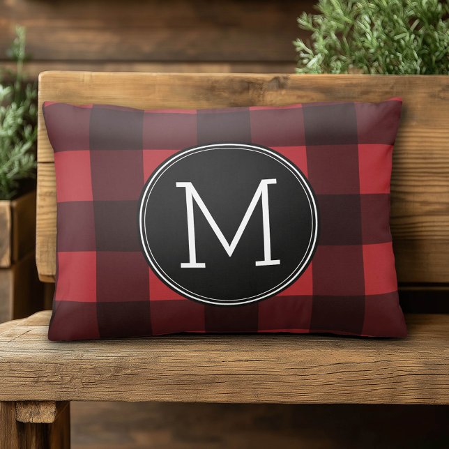 Coussins Décoratifs Monogramme de Motif de buffle rouge et noir rustiq (Custom Monogram Pillow)