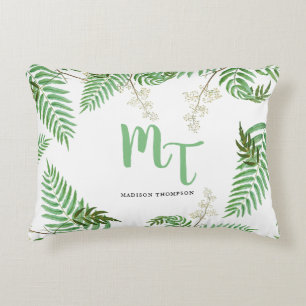 Coussins Décoratifs Monogramme de script de verdure aquarelle moderne