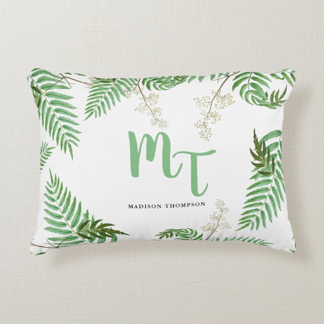 Coussins Décoratifs Monogramme de script de verdure aquarelle moderne  (Devant)