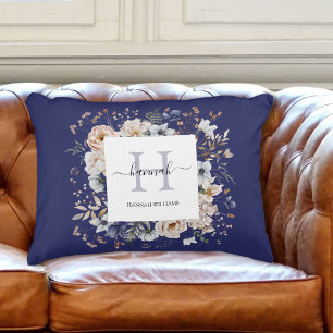 Coussins Décoratifs Monogramme Élégant Jolies Fleurs Florales Beige Bl